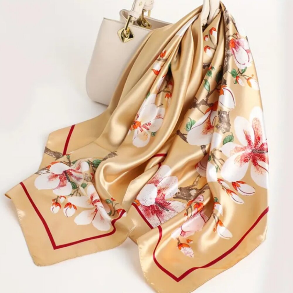 Women's Floral Flower Satin Silky Square Head Hair Neck Scarf
